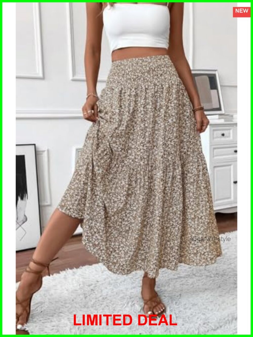 Boho Maxi Skirt Floral Smocked High Waist Long Skirt with Pockets - Picture 5 of 6